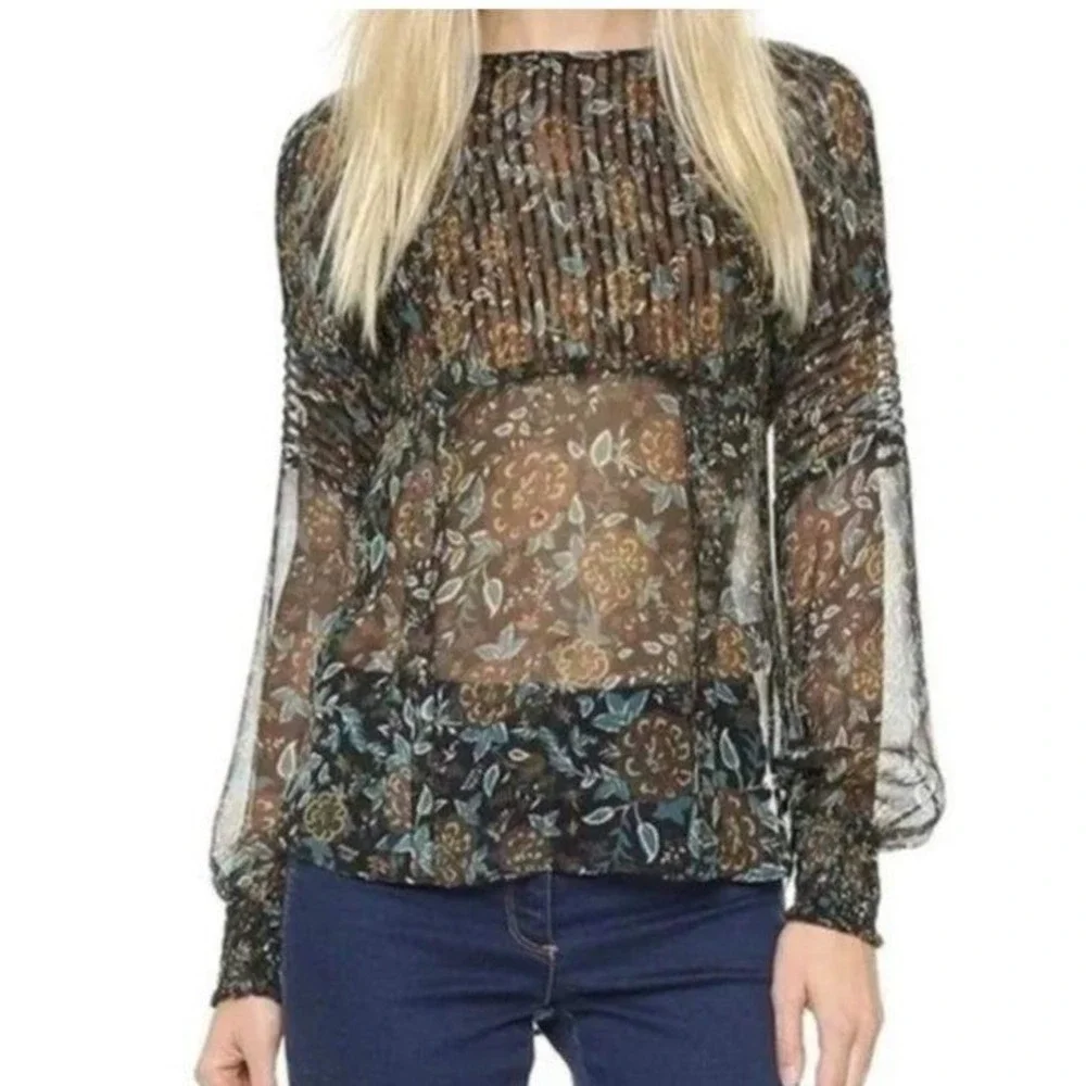 Veronica Beard Silk Floral Blouse Sz 2 Sheer Smocked Long Sleeve Boho Romantic